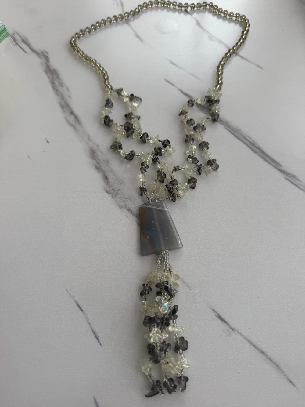 Silver-Tone Gray Agate Tassel Necklace with Clear and Smoky Beads